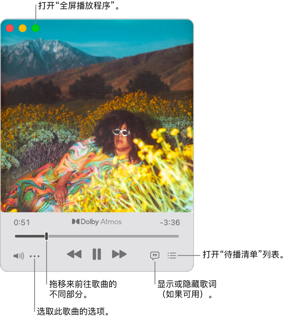 扩展的迷你播放程序，显示播放中歌曲的控制。左上角是窗口控制，用于打开和关闭全屏播放程序。窗口的主要部分显示正在播放歌曲的专辑插图。插图下方是移动至歌曲其他位置的滑块，以及调整音量、显示歌词和显示待播歌曲的按钮。