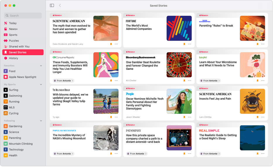 The Apple News window showing Saved Stories selected in the sidebar and a grid of saved stories on the right.