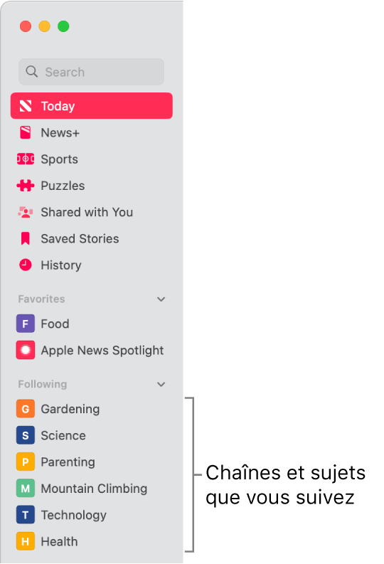 La barre latérale Apple News affichant les chaînes et les sujets suivis.