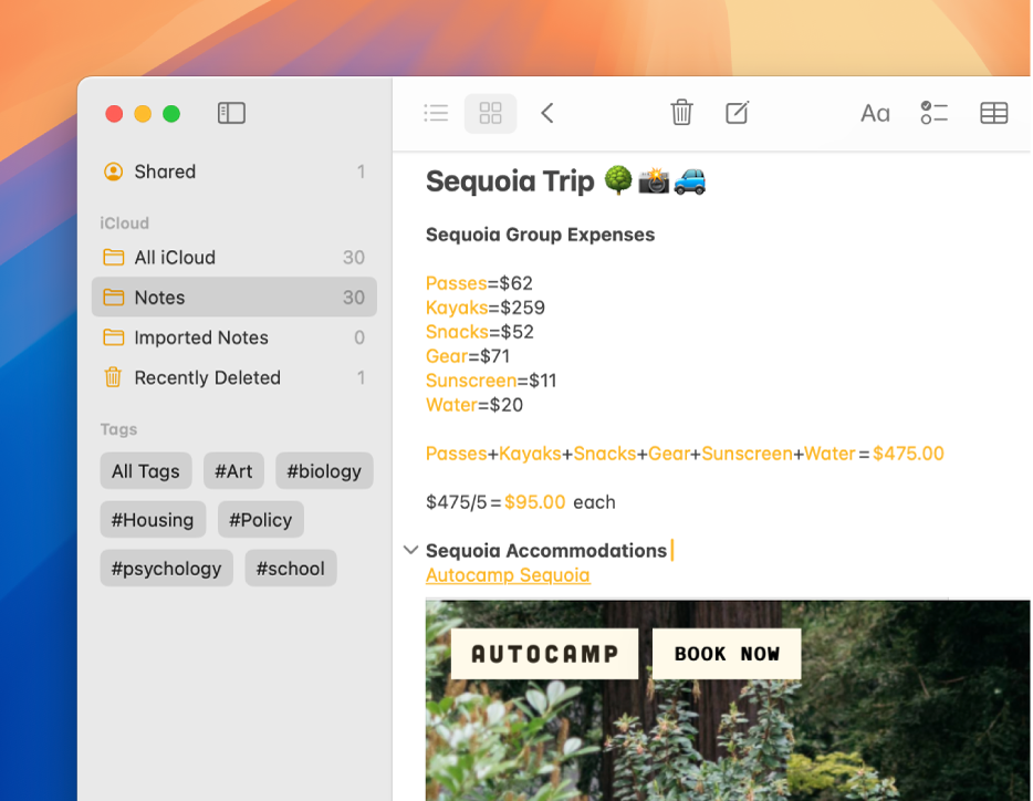 نافذة تطبيق الملاحظات على Mac تم اقتصاصها تعرض نفقات متنوعة، من بينها التذاكر وقوارب الكاياك وواقٍ الشمس والماء. تعمل الملاحظة على حل مسائل الجمع والقسمة المضمنة تلقائيًا.