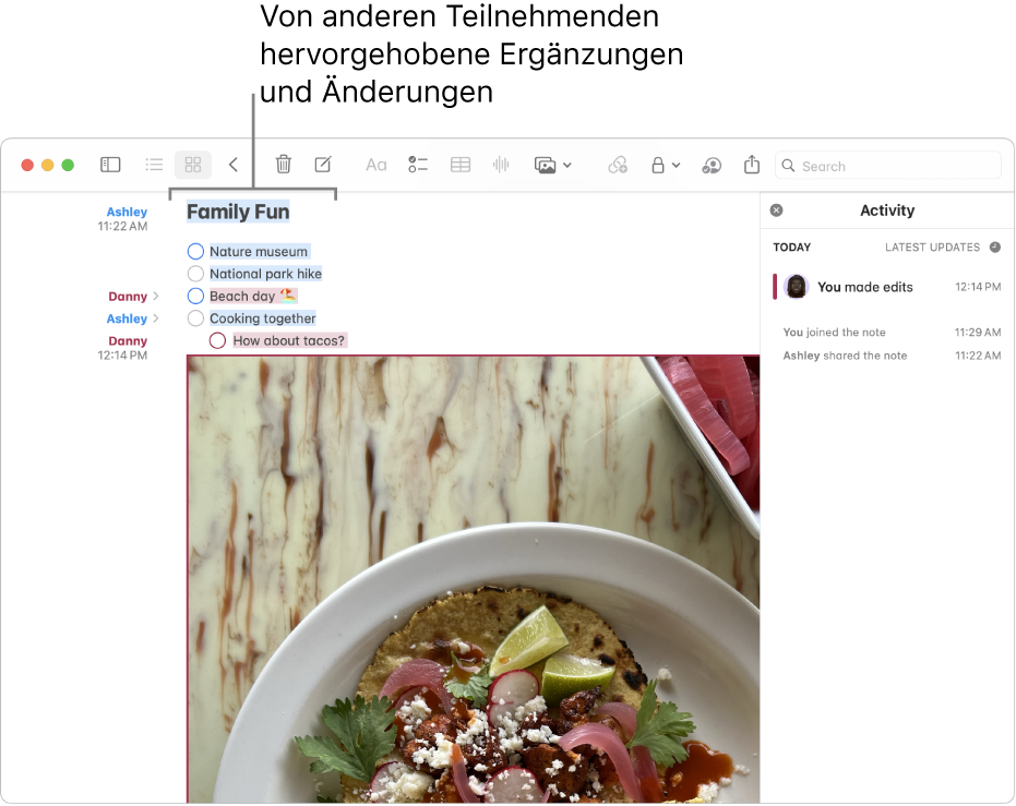 Eine Notiz mit einer Checkliste zeigt eine Liste von Familienaktivitäten. Änderungen von anderen Teilnehmern sind hervorgehoben.