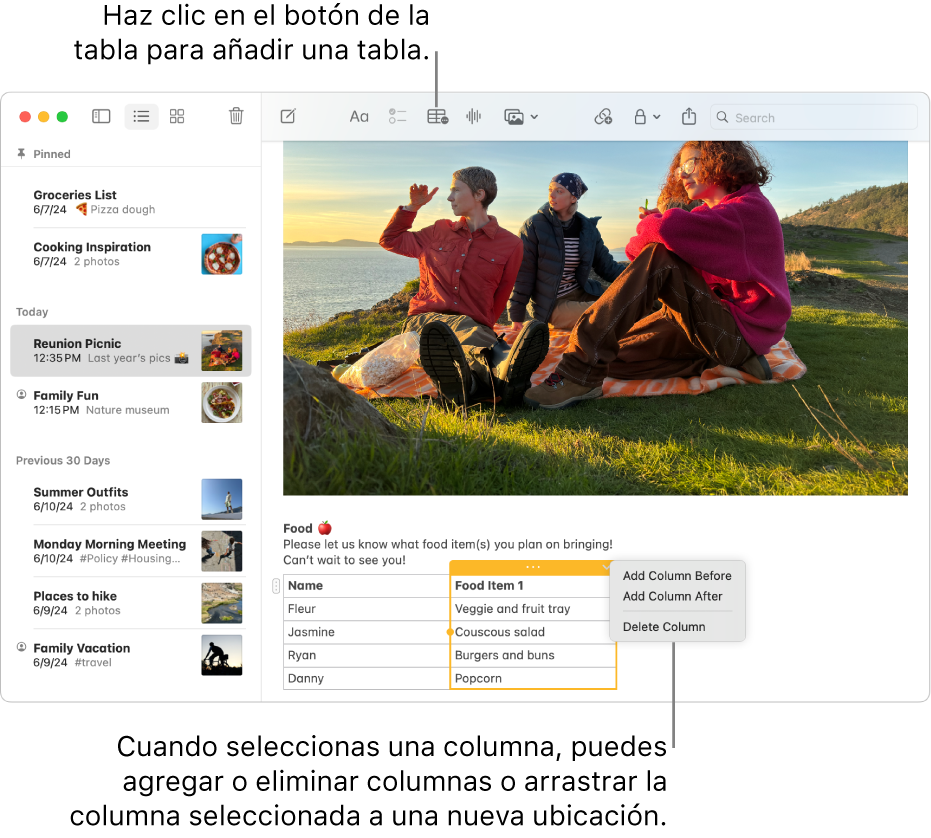 La ventana de Notas con el botón Tabla —haz clic en él para añadir una tabla. Dentro del contenido de la nota, hay una columna de la tabla seleccionada para que puedas añadir o eliminar columnas, o bien arrastrarlas hasta una nueva ubicación.