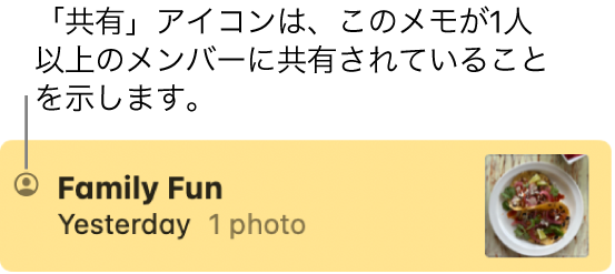ほかの人と共有されたメモ。メモの名前の左に共有のアイコンが表示されています。