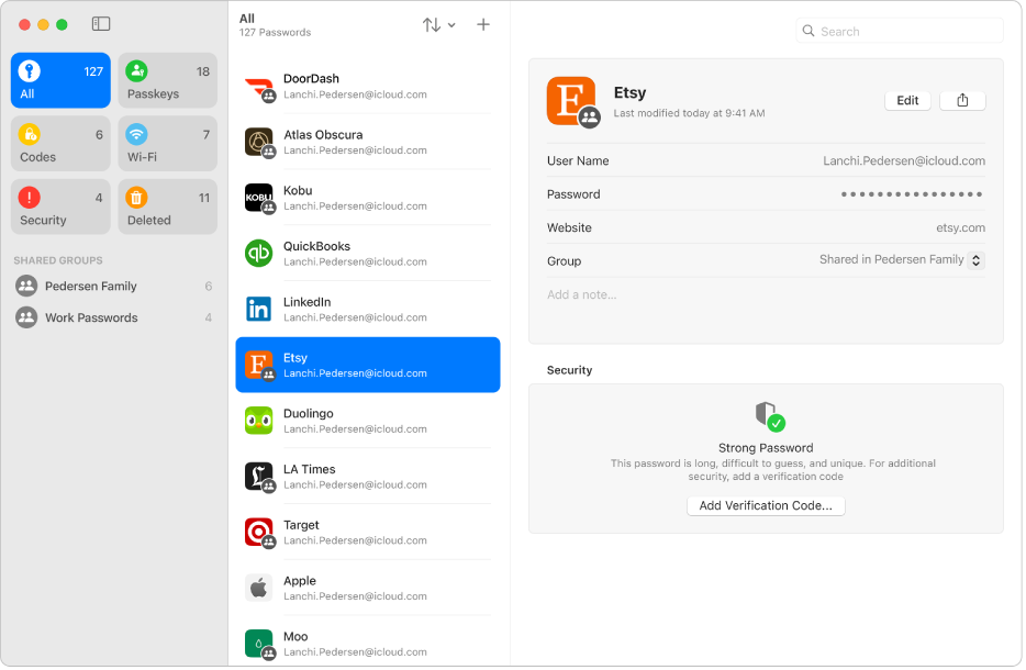 The main screen for the Passwords app, showing the types of passwords in the sidebar on the left (with All selected), a list of all password accounts in the middle (with Etsy selected) and the details of the Etsy account on the right.