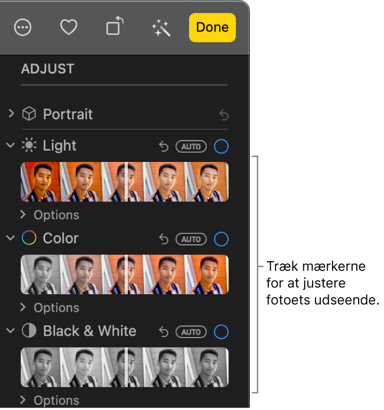 Mærkerne Lys, Farve og Sort/hvid i vinduet Juster. Knappen Auto vises over hvert mærke.