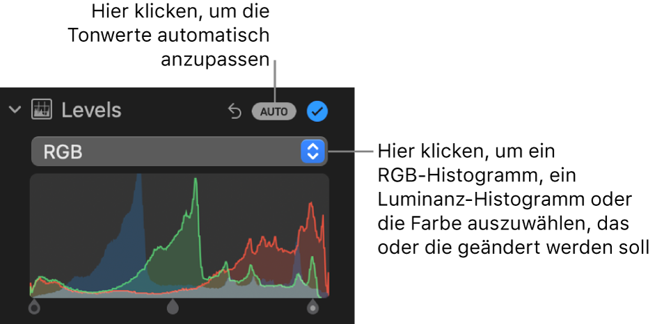 Die Steuerungen „Tonwerte“ im Bereich „Anpassen“ mit der Taste „AUTO“ rechts oben und dem RGB-Histogramm unten.