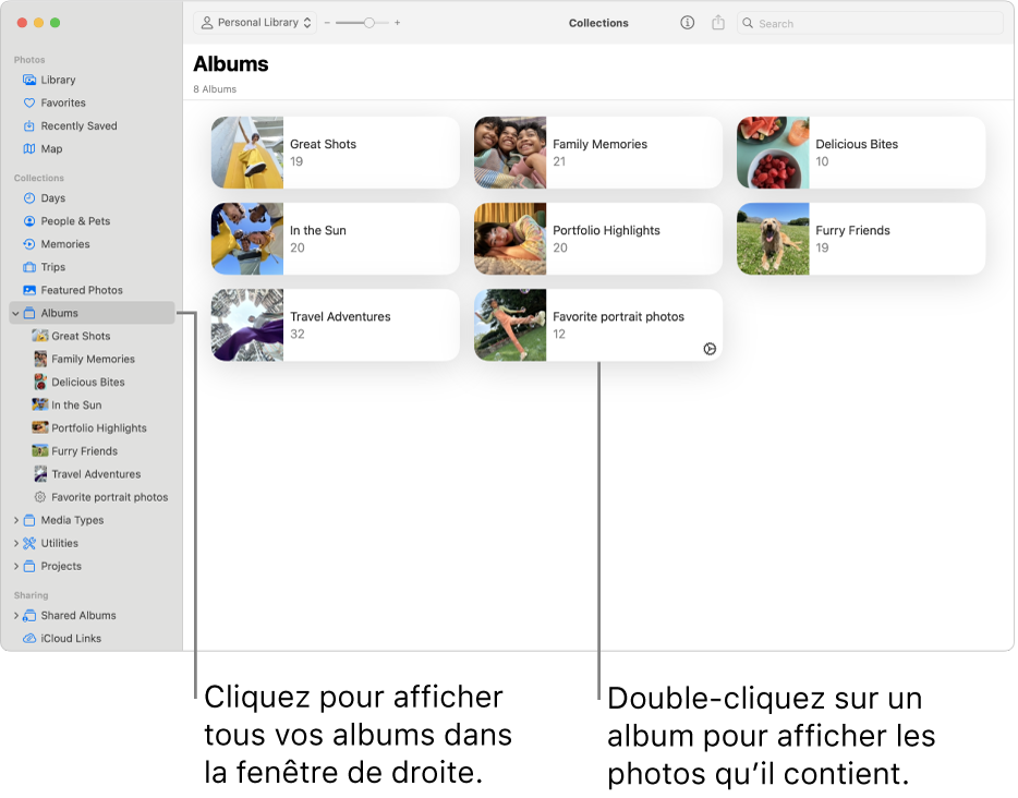 La fenêtre Photos avec l’option Albums sélectionnée dans la barre latérale et les albums affichés à droite.