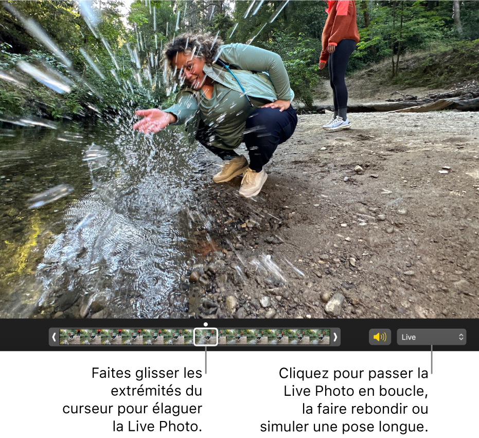 Une Live Photo en mode édition avec un curseur présentant les images de la photo. À droite du curseur se trouvent le bouton Haut-parleur et un menu local que vous pouvez utiliser pour ajouter un effet de boucle, de rebond ou de pose longue.