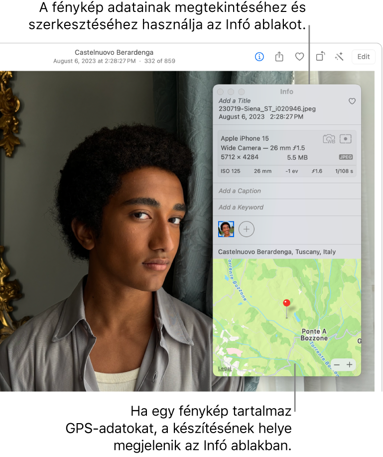 Egy fotó van megnyitva a Fotók appban, és meg van nyitva a fotóinformáció.