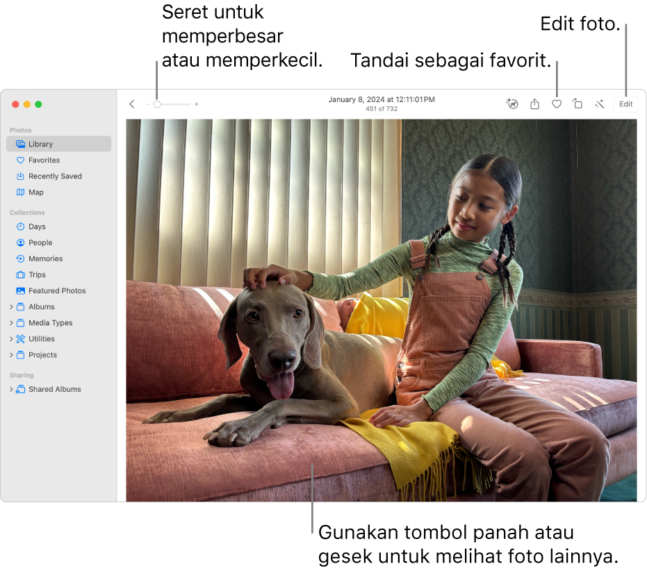 Jendela Foto menampilkan foto yang diperbesar di sebelah kanan. Bar alat di bagian menyertakan penggeser Zoom, tombol Favorit, dan tombol Edit.