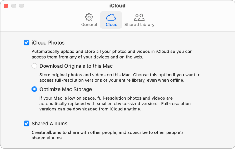 Il pannello iCloud delle impostazioni di Foto.