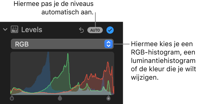 De niveauregelaars in het paneel 'Pas aan', met rechtsbovenin de knop 'Auto' en daaronder het RGB-histogram.