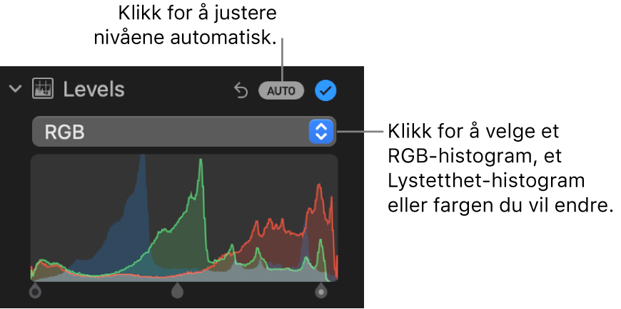 Nivåer-kontroller i Juster-panelet, med Auto-knappen øverst til høyre og RGB-histogrammet under.