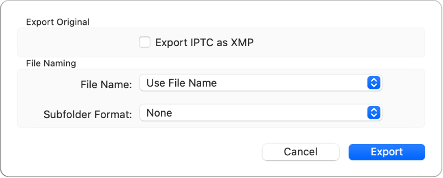 Uma caixa de diálogo mostrando opções para exportar arquivos de foto em seu formato original.