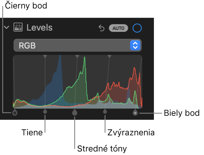 Ovládacie prvky Úrovne na paneli Úpravy zobrazujúce histogram RGB s úchytmi nižšie, vrátane (zľava doprava) čierneho bodu, tieňov, stredných tónov, zvýraznení a bieleho bodu.