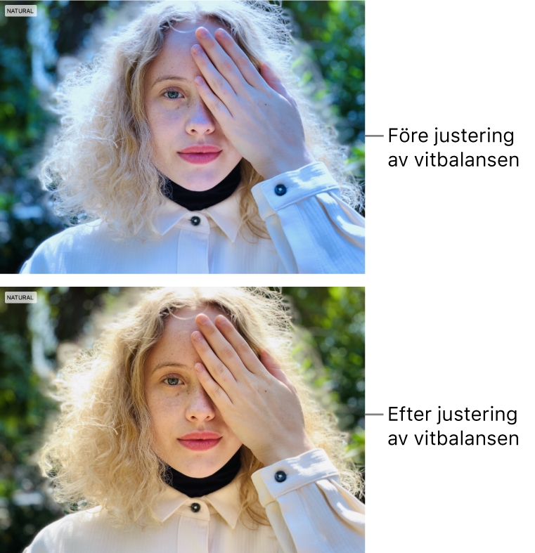 En bild före och efter en justering av vitbalansen.