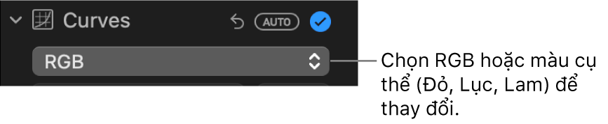 Các điều khiển Đường cong trong khung Điều chỉnh, đang hiển thị RGB được chọn trong menu bật lên.
