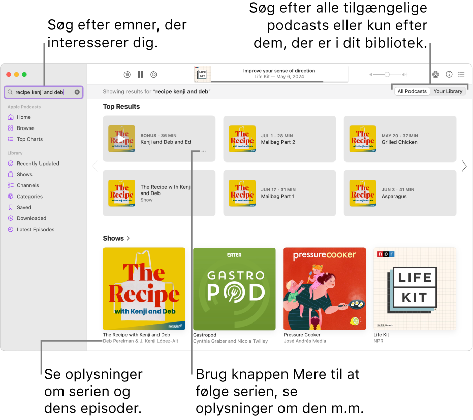 Vinduet Podcasts, der viser tekst indtastet i søgefeltet i øverste venstre hjørne og episoder og serier, som opfylder søgningen efter alle podcasts, på skærmen til højre. Klik på linket under serien for at se oplysninger om serien og dens episoder. Brug knappen Mere ved serien, hvis du vil følge serien, ændre indstillinger m.m.