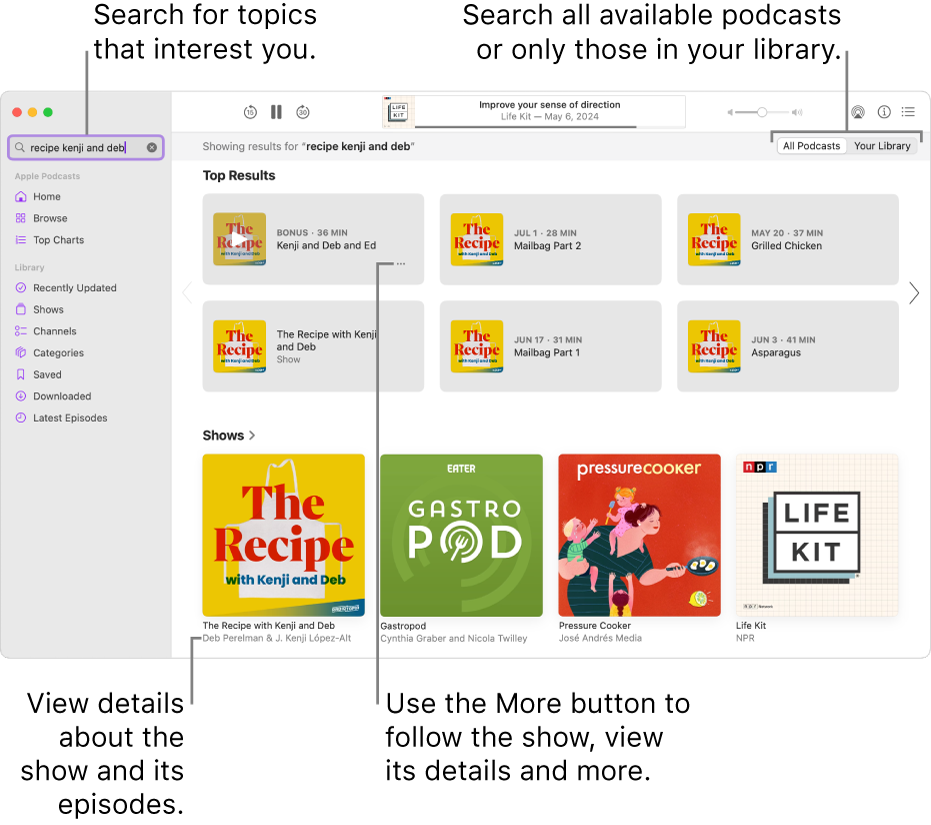 The Podcasts window showing text entered in the search field in the top-left corner, and episodes and shows matching the search of all podcasts in the screen to the right. Click the link below the show to view details about the show and its episodes. Use the show’s More button to follow the show, change its settings and more.