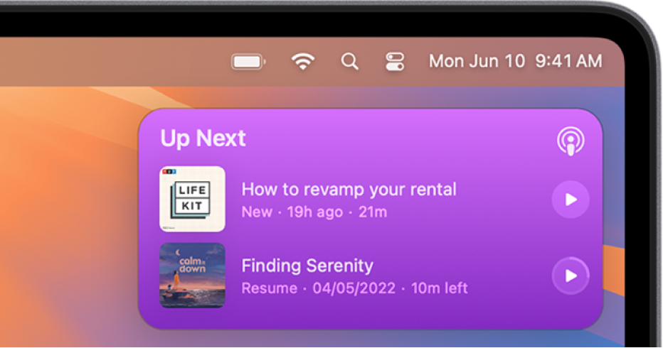 The top-right corner of the Mac desktop showing a widget with two upcoming episodes.