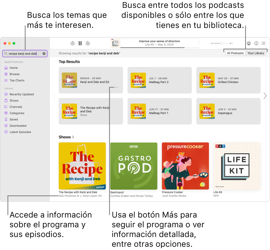 La ventana de Podcasts con texto introducido en el campo de búsqueda en la esquina superior izquierda, y episodios y programas que cumplen el criterio de búsqueda de todos los podcasts en la pantalla de la derecha. Haz clic en el enlace situado bajo el programa para ver los detalles sobre el programa y sus episodios. Utiliza el botón Más del programa para seguir el programa, cambiar sus ajustes y más cosas.