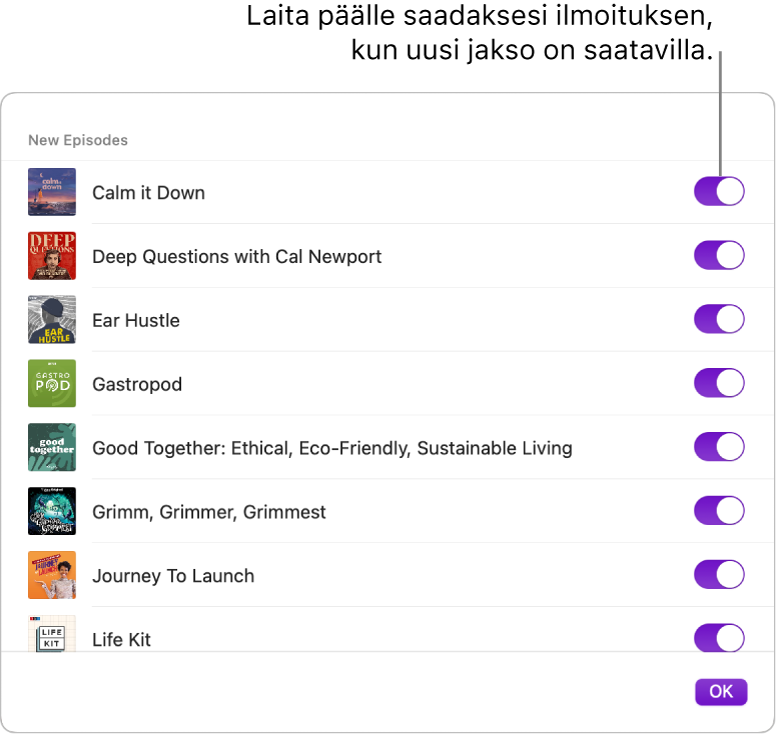 Ilmoitukset-valinnat. Klikkaamalla kytkintä saat ilmoituksen, kun uusi jakso on saatavilla.