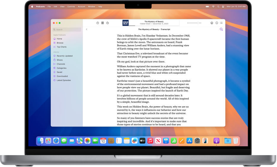 L’app Balados sur un Mac, qui affiche la transcription de l’épisode en cours.