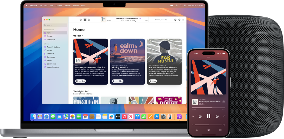 L’app Apple Podcasts sur un Mac et un iPhone, avec un HomePod en arrière-plan.