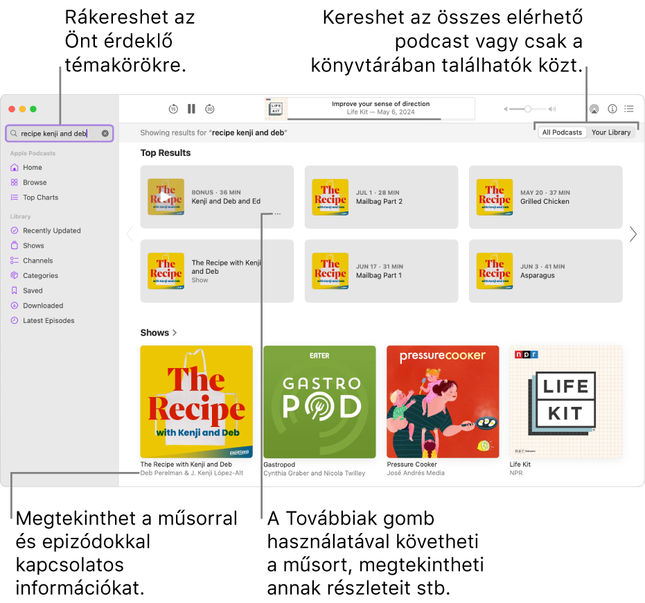 A Podcastok ablak, amelyben a bal felső sarokban a keresőmező látható a beírt szöveggel, míg a jobb oldalon a keresésnek megfelelő epizódok és műsorok láthatók az összes podcast közül. Kattintson a műsor alatt található linkre a műsor részleteinek és epizódjainak megtekintéséhez. A műsor Továbbiak gombjának használatával követheti a műsort, módosíthatja a beállításokat, stb.