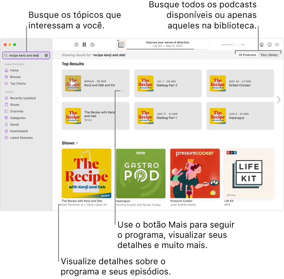 Janela do app Podcasts mostrando texto digitado no campo de busca no canto superior esquerdo, além de episódios e podcasts que correspondem à busca de todos os podcasts na tela à direita. Clique no link abaixo do podcast para visualizar detalhes sobre o podcast e seus episódios. Use o botão Mais do podcast para segui-lo, alterar ajustes e muito mais.