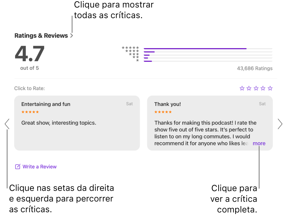 A secção Classificações e críticas para um programa na aplicação Podcasts. Clique nas setas para a esquerda e direita nas extremidades do ecrã para se deslocar para a frente ou para trás. Clique em “mais” para ver uma crítica completa.