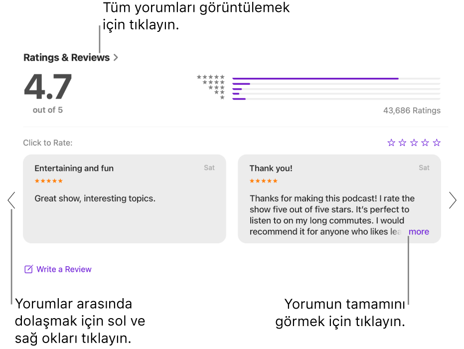 Podcast’ler uygulamasında bir şov için Puan ve Yorum bölümü. Geri veya ileri kaydırmak için ekranın kenarlarındaki sol ve sağ okları kullanın. Yorumun tamamını görmek için “daha fazlası”nı tıklayın.