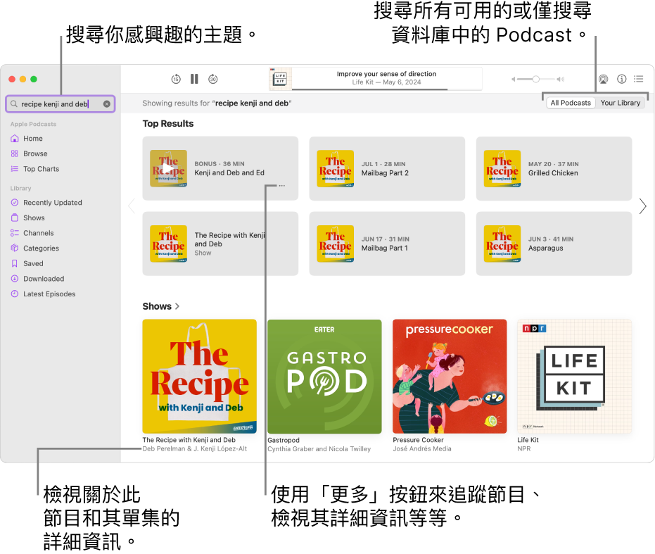 Podcast 視窗顯示左上角的搜尋欄位中輸入了文字，而符合搜所有 Podcast 尋條件的單集和節目顯示在畫面中的右側。按一下節目下方的連結來檢視有關節目和其單集的詳細資訊。使用節目的「更多」按鈕來追蹤節目、更改其設定等。