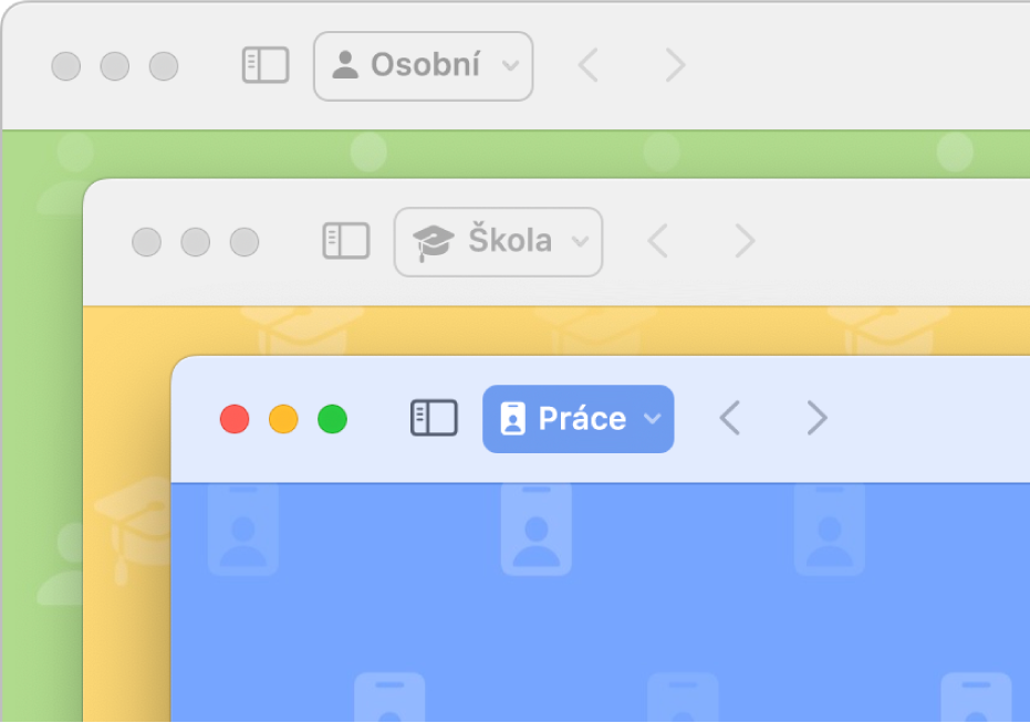Tři okna s různými profily Safari: jedno pro osobní použití, jedno pro školu a jedno pro práci.