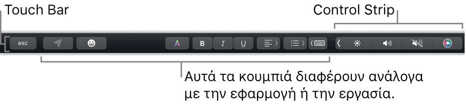 Το Touch Bar κατά μήκος του πάνω μέρους του πληκτρολογίου, όπου εμφανίζεται το συμπτυγμένο Control Strip στα δεξιά, και κουμπιά που διαφέρουν ανά εφαρμογή ή εργασία.