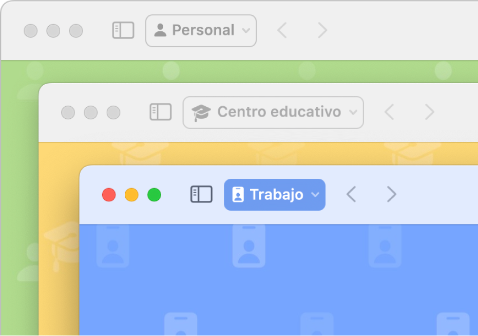 Tres ventanas de perfil de Safari: una para uso personal, una para la escuela y una para el trabajo.