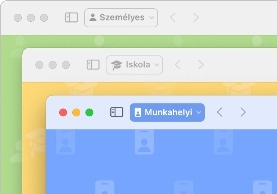 Három Safari-profil ablaka: egy személyes használathoz, egy az iskolához és egy munkára.