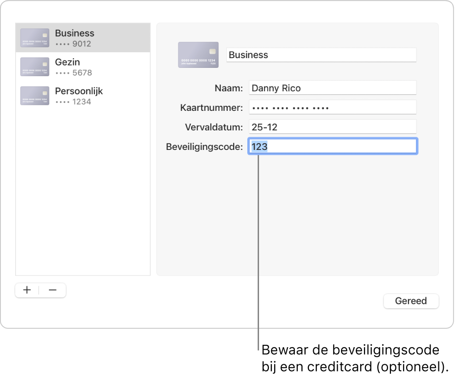 Een creditcardformulier met velden voor het invoeren van de naam, het kaartnummer, de vervaldatum en de beveiligingscode.