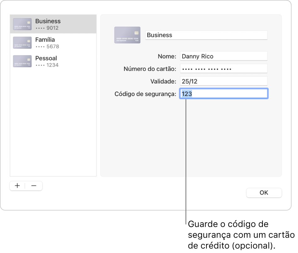 Um formulário de cartão de crédito com campos para introduzir o nome, o número do cartão, a data de validade e o código de segurança.