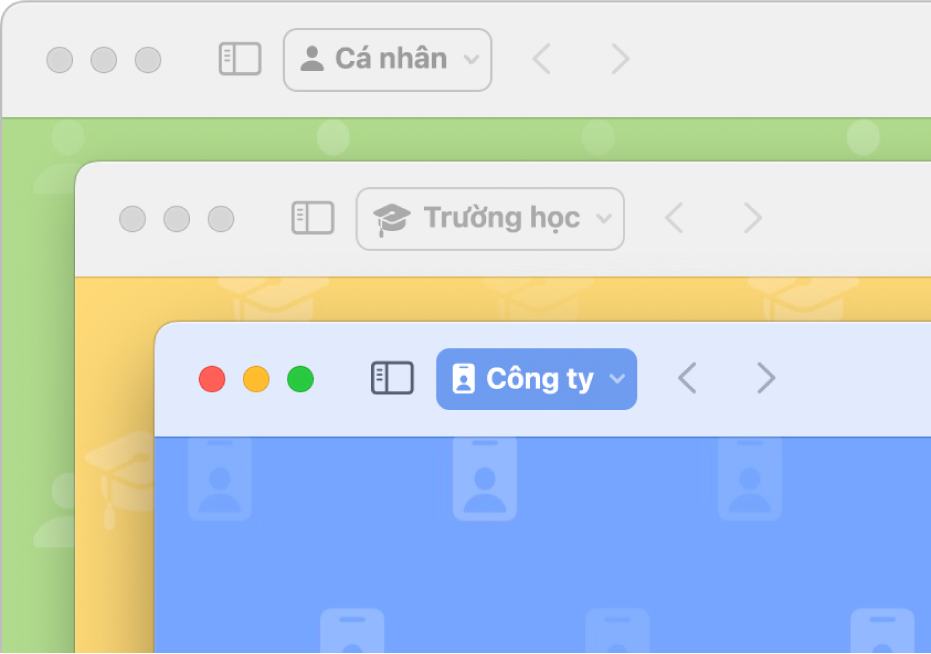 Ba cửa sổ hồ sơ Safari: một cho mục đích sử dụng cá nhân, một cho trường học và một cho công việc.