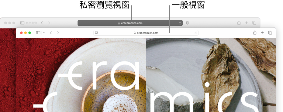 顯示深色「智慧型搜尋」欄位的私人 Safari 視窗和顯示淺色「智慧型搜尋」欄位的普通 Safari 視窗。