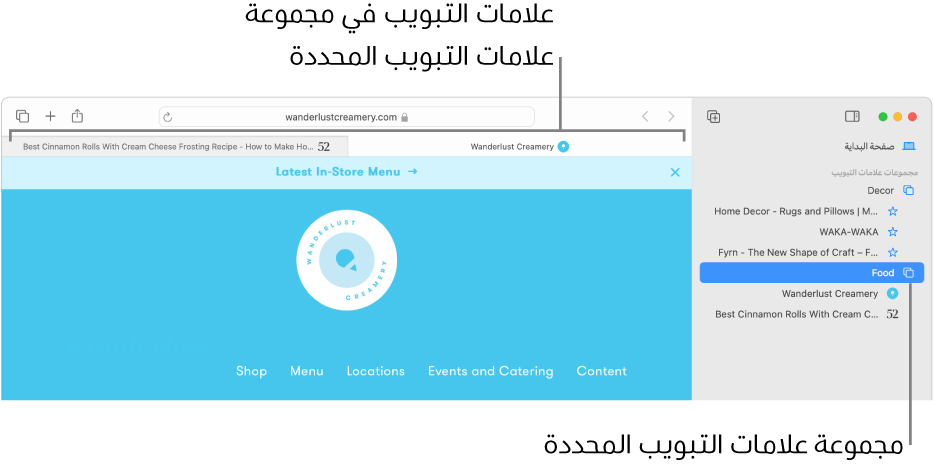 نافذة سفاري تعرض الشريط الجانبي مع تحديد مجموعة علامات تبويب.