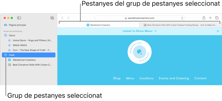 Una finestra del Safari amb la barra lateral i un grup de pestanyes seleccionat.