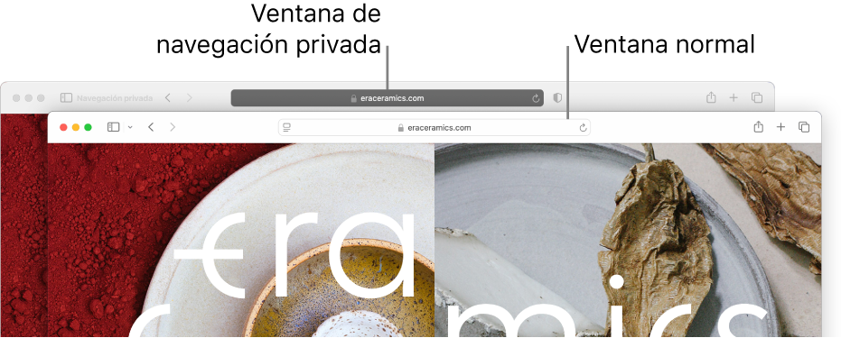 Una ventana privada de Safari con su campo de búsqueda inteligente obscuro y una ventana de Safari normal con su campo de búsqueda inteligente claro.