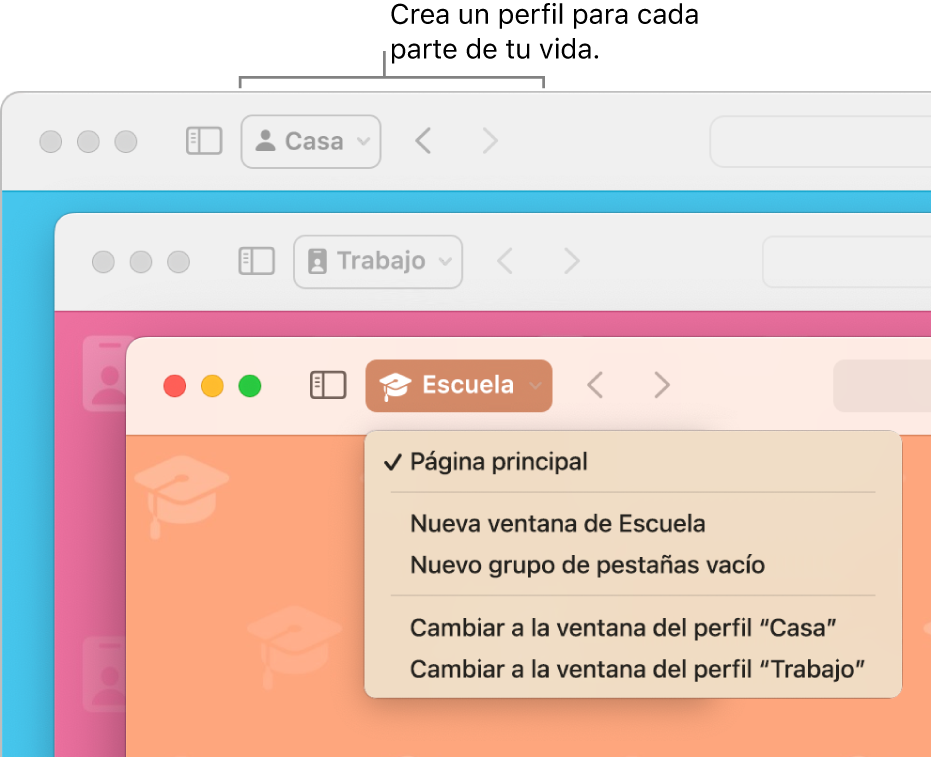 Tres ventanas de perfiles de Safari: una para la casa, otra para el trabajo y otra para la escuela.