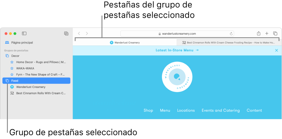 Una ventana de Safari con un grupo de pestañas seleccionado en la barra lateral.
