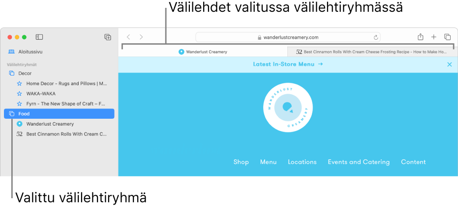 Safari-ikkuna, jonka sivupalkissa näkyy välilehtiryhmä valittuna.