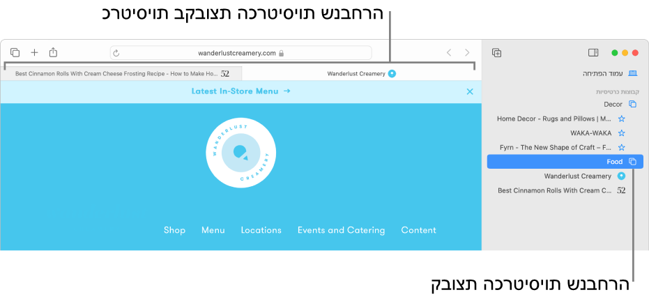 חלון של Safari המציג את סרגל הצד וקבוצת כרטיסיות מסומנת.