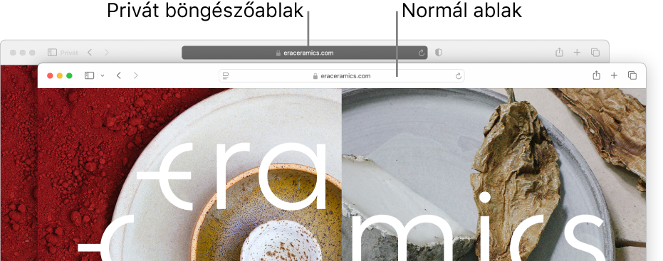 Egy privát Safari ablak, sötét intelligens keresési mezővel és egy normál Safari ablak, világos intelligens keresési mezővel.