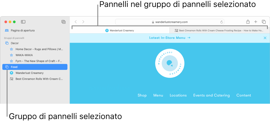 Una finestra di Safari che mostra la barra laterale con un gruppo di pannelli selezionato.